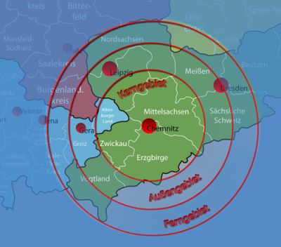 Karte Einsatzgebiet Firma Wertec, Kerngebiet Chemnitz und Mittelsachsen